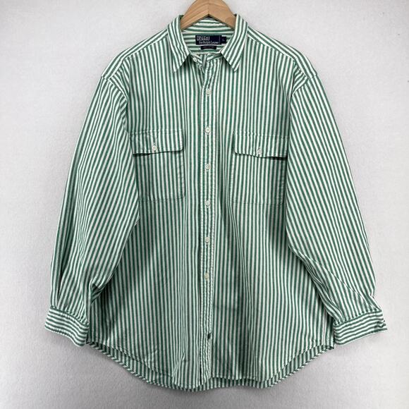 POLO RALPH LAUREN Shirt Men L Awning Striped Canvas Cotton Button Up Green Vtg - Picture 1 of 13